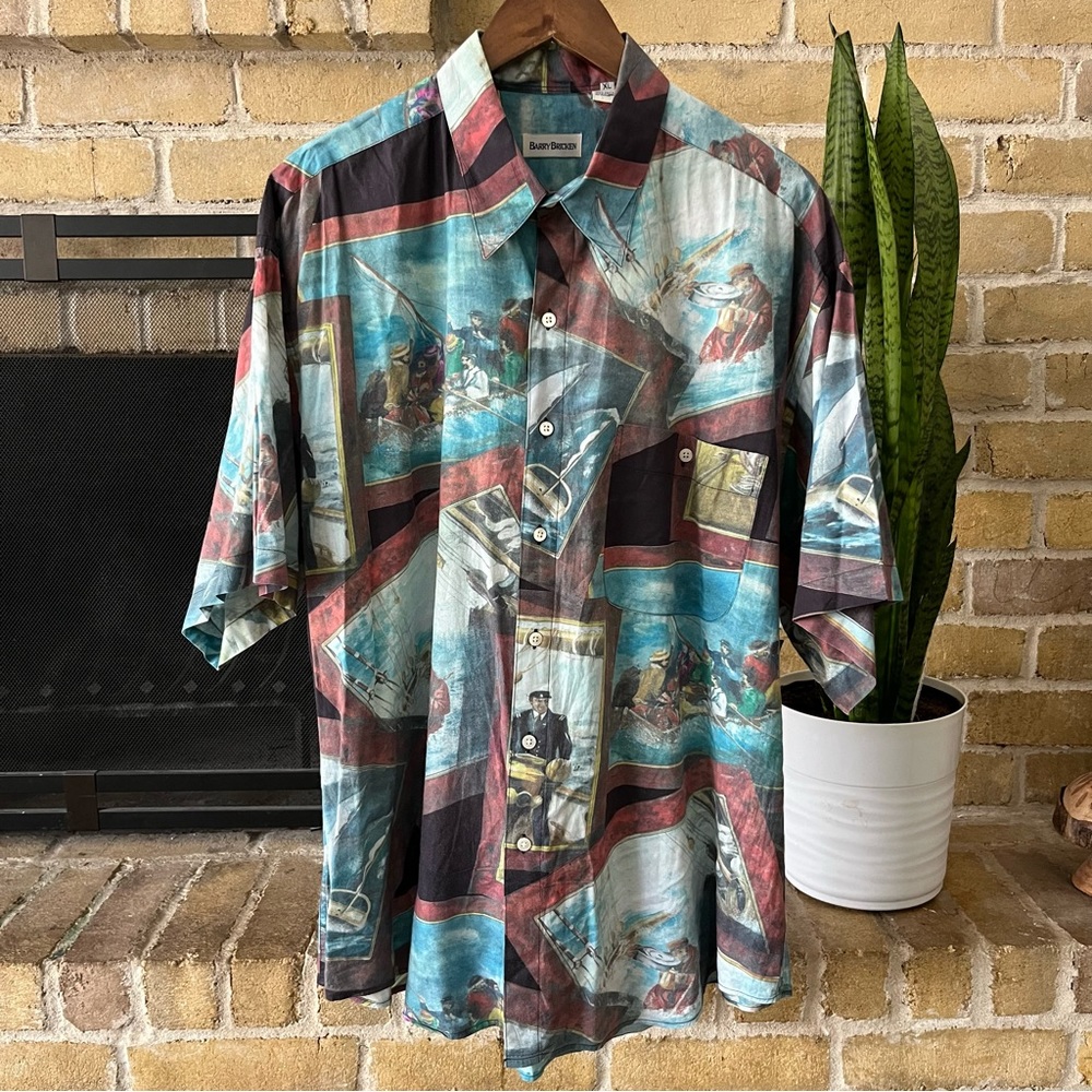 Vintage Barry Bricken Mena Boat Printed Short Sleeve Shirt Size XL